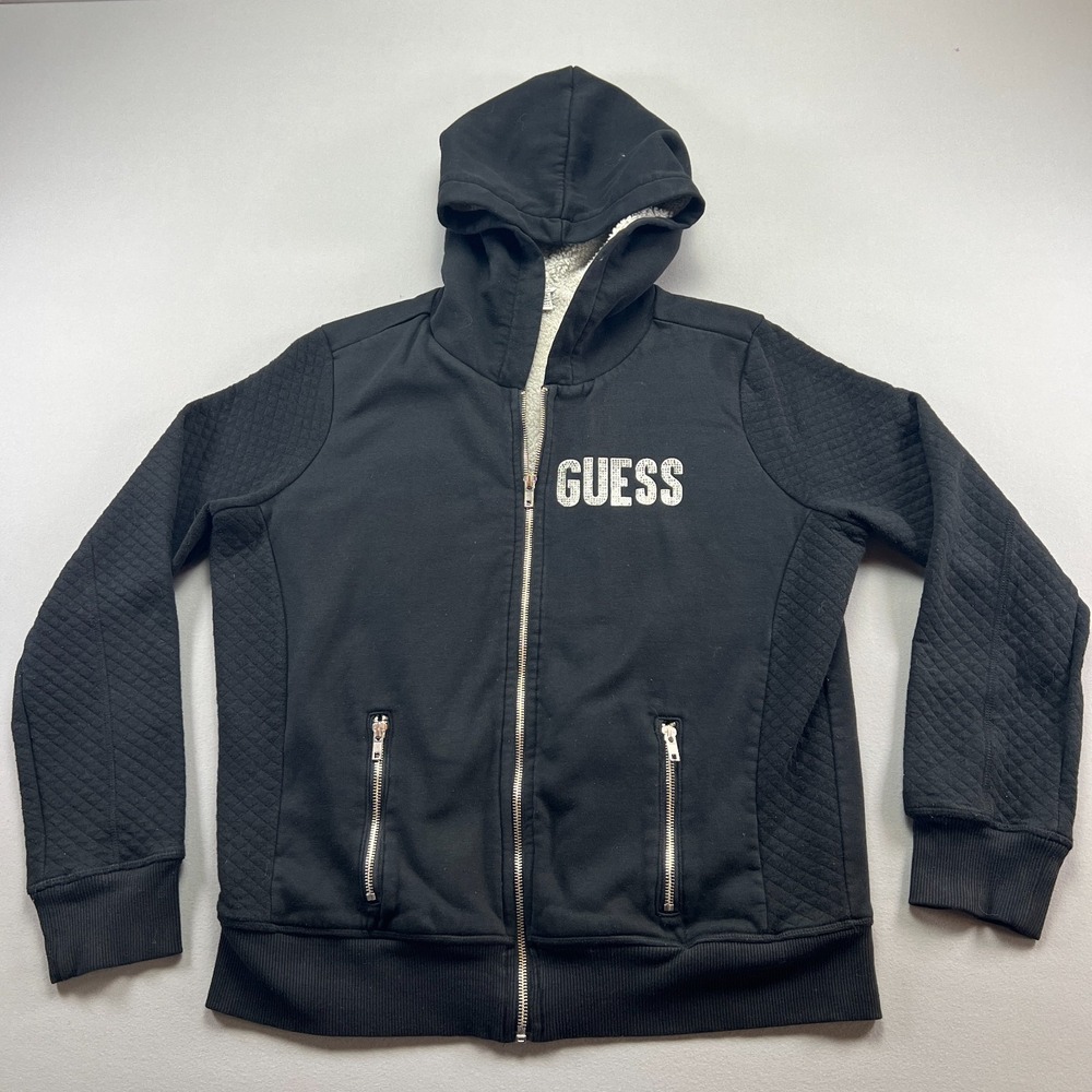 Guess Hoodie Women XL Black Quilted Rhinestone Sherpa Lined Ribbed Trim Full Zip